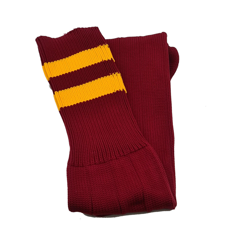 Double Stripe Football Rugby Premium Socks - Made In UK - CLARET/AMBER - JUNIOR ( UK 13-5)