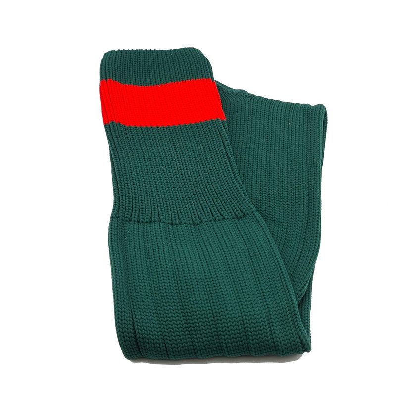 Big Stripes Football Rugby Premium Socks - Made In UK - BOTTLE GREEN/RED - MENS ( UK 6-8)