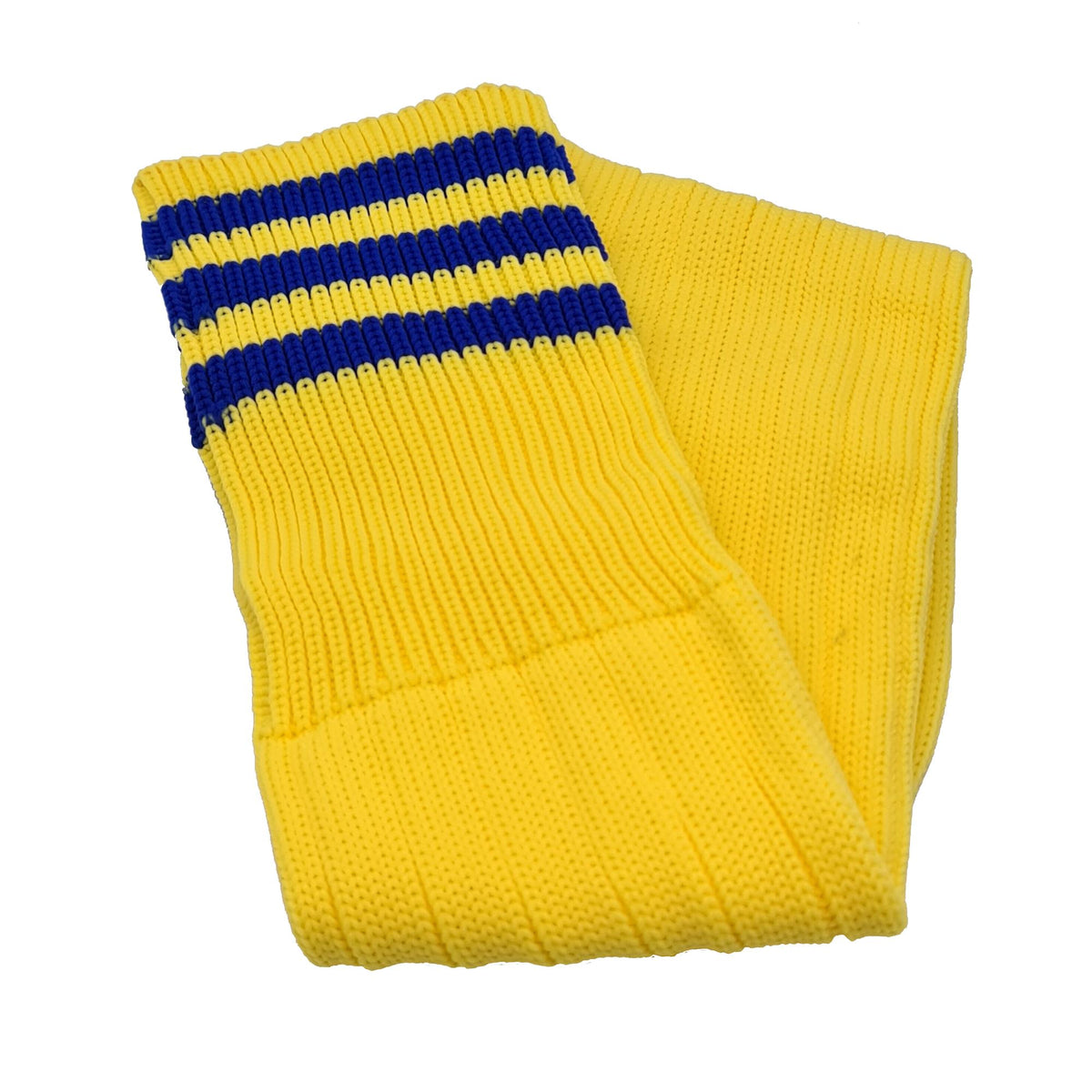 Three Stripes Football Rugby Premium Socks - Made In UK - YELLOW/BLUE - JUNIOR ( UK 13-5)