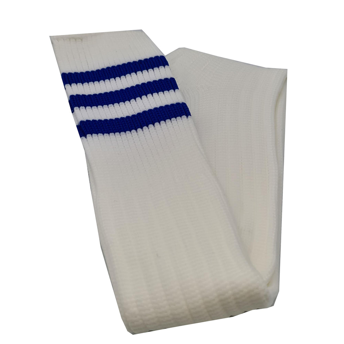 Three Stripes Football Rugby Premium Socks - Made In UK - WHITE/ROYAL - JUNIOR ( UK 13-5)