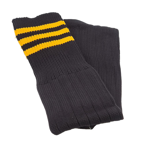 Three Stripes Football Rugby Premium Socks - Made In UK - BLACK AMBER - JUNIOR ( UK 13-5)